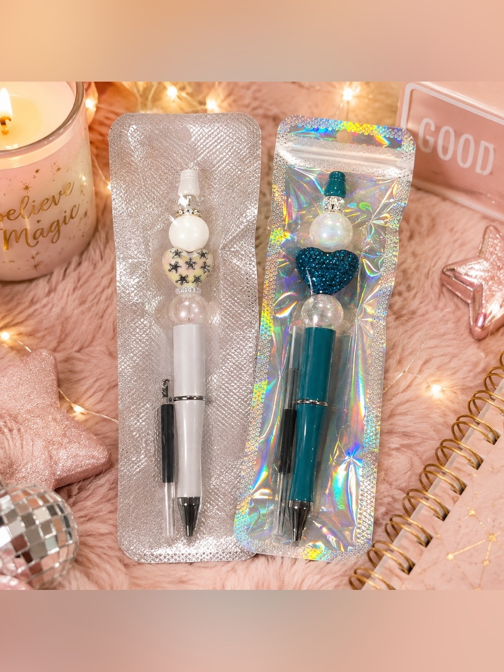 ✨ NWT Jeweled Heart & Star Decorative Pens – White & Teal ✨